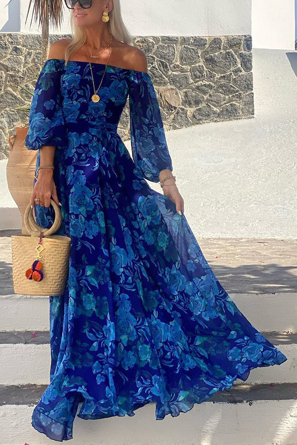 Elegant blue floral off-shoulder maxi dress for women, perfect for evening events, summer or spring vacations.