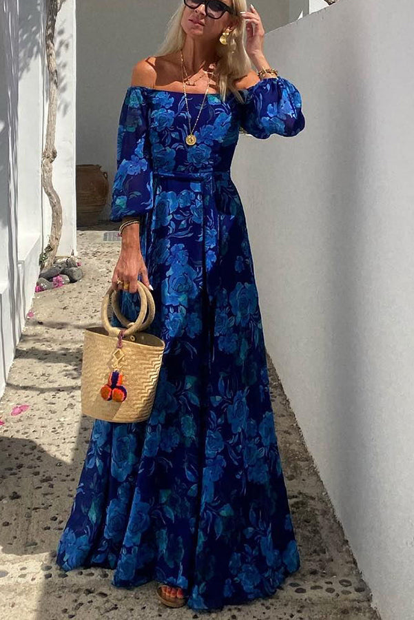Flowy women's blue floral off-shoulder maxi dress, ideal for elegant evenings, summer parties, or vacation wear.
