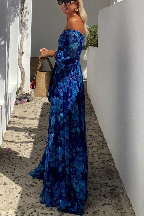 Women's stylish blue floral print off-shoulder maxi dress, designed for elegant evening wear, spring and summer events.