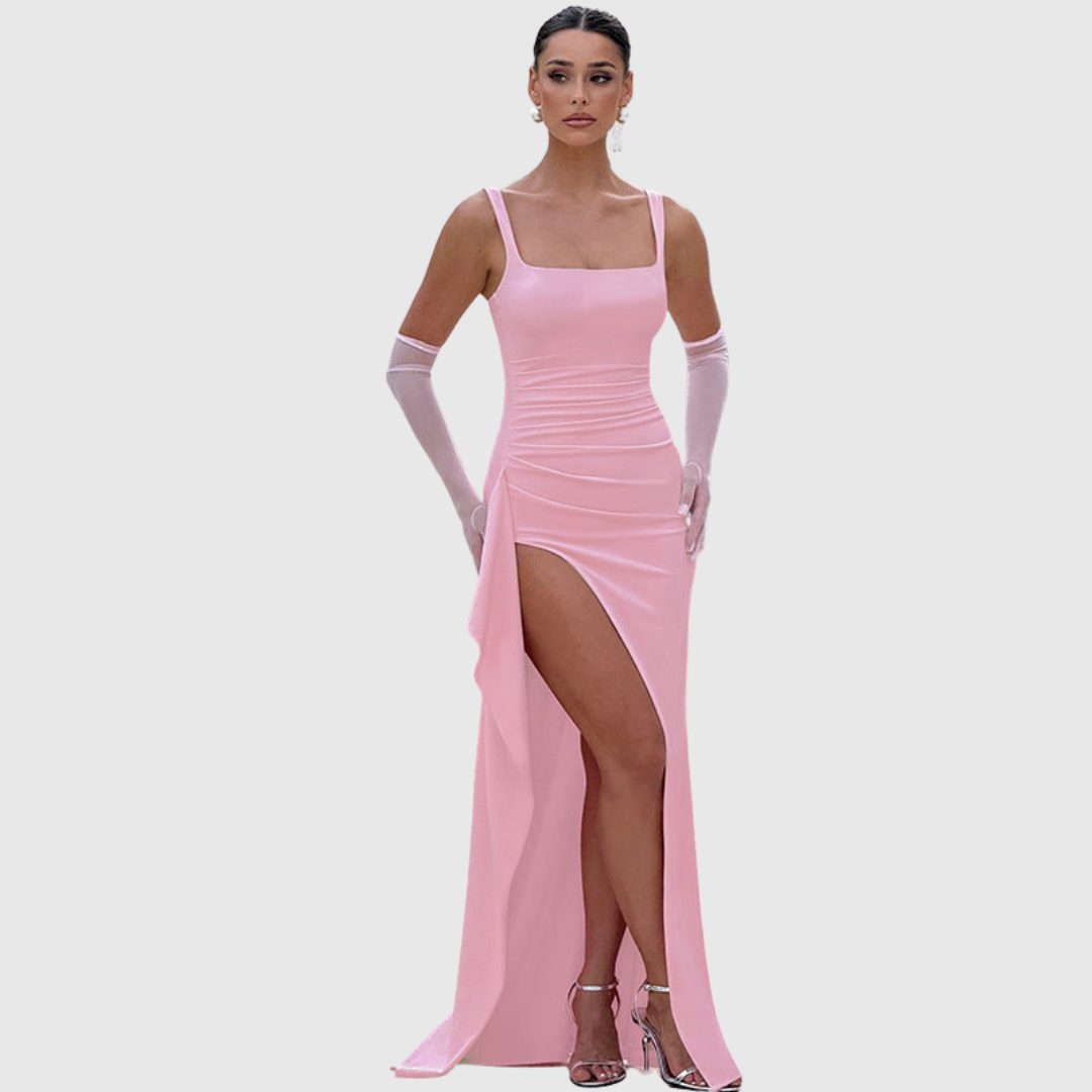 Women's formal evening gown, a bodycon maxi dress with a chic square neck & leg split.