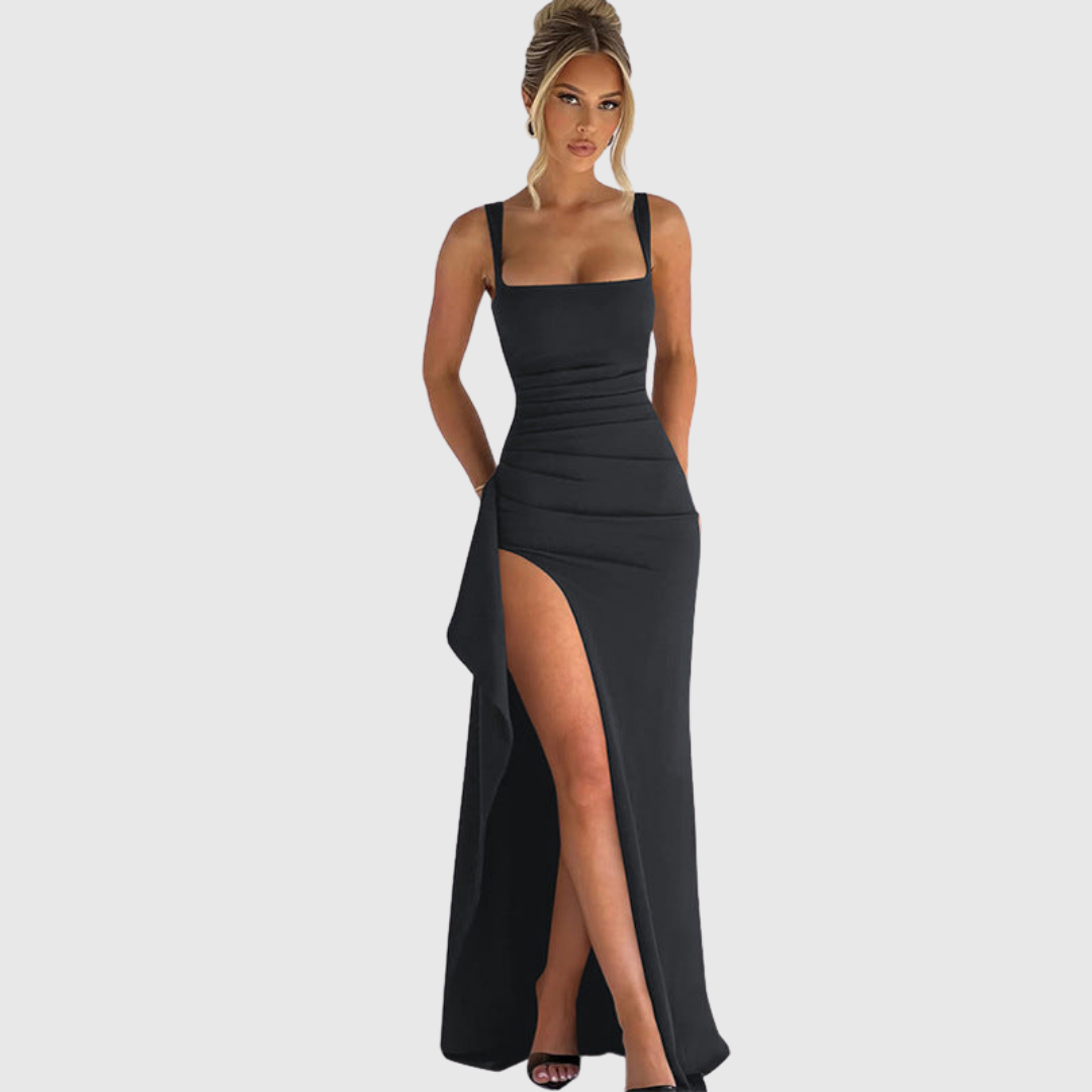 Sophisticated women's party dress, a bodycon maxi with square neck & side split.