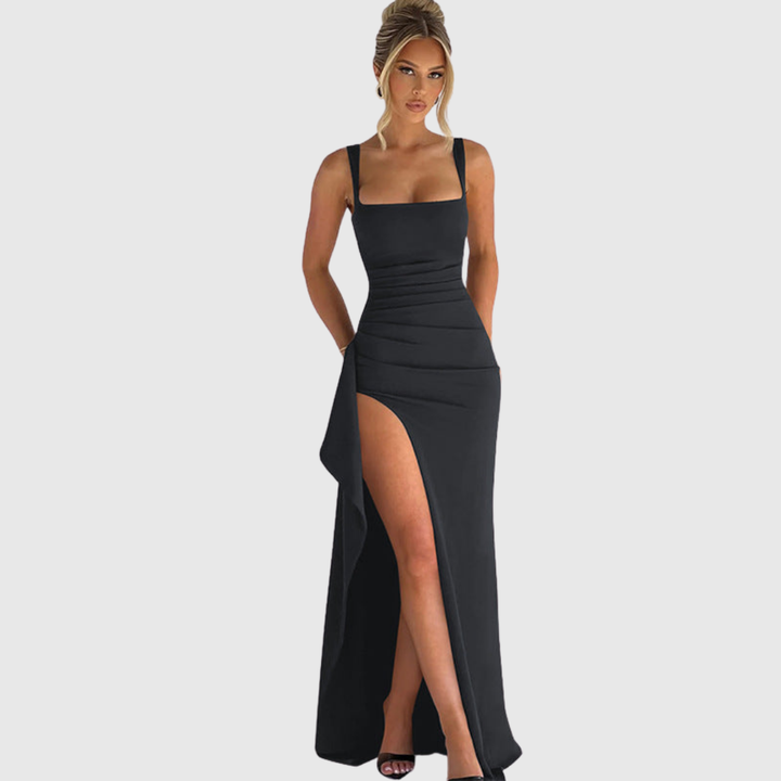 Sophisticated women's party dress, a bodycon maxi with square neck & side split.