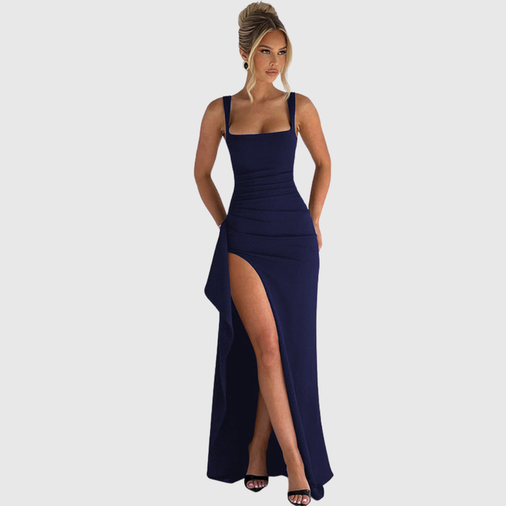 Women's elegant bodycon evening gown with a high thigh split, perfect for galas.