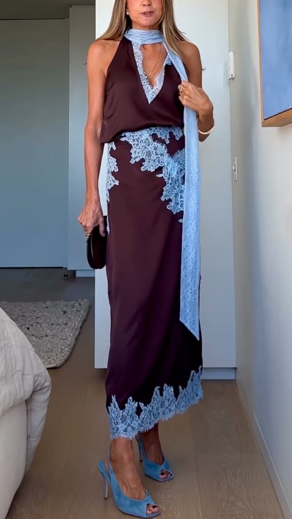 Elegant brown tie-dye maxi dress for women, featuring a chic halter V-neck and stylish side slit.