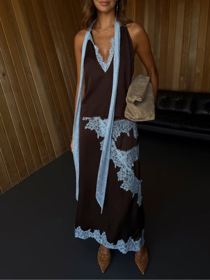 Chic brown tie-dye maxi dress for women, perfect for summer, with a flattering halter V-neck.