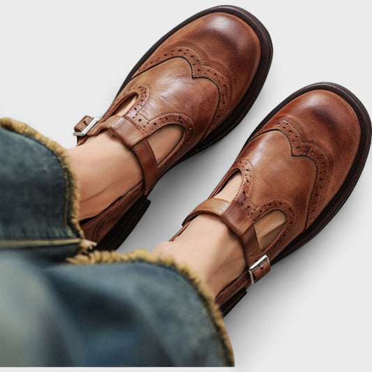 Elegant brown Women's Mary Jane slip-on flats. Comfort & orthopedic support for versatile classic style.