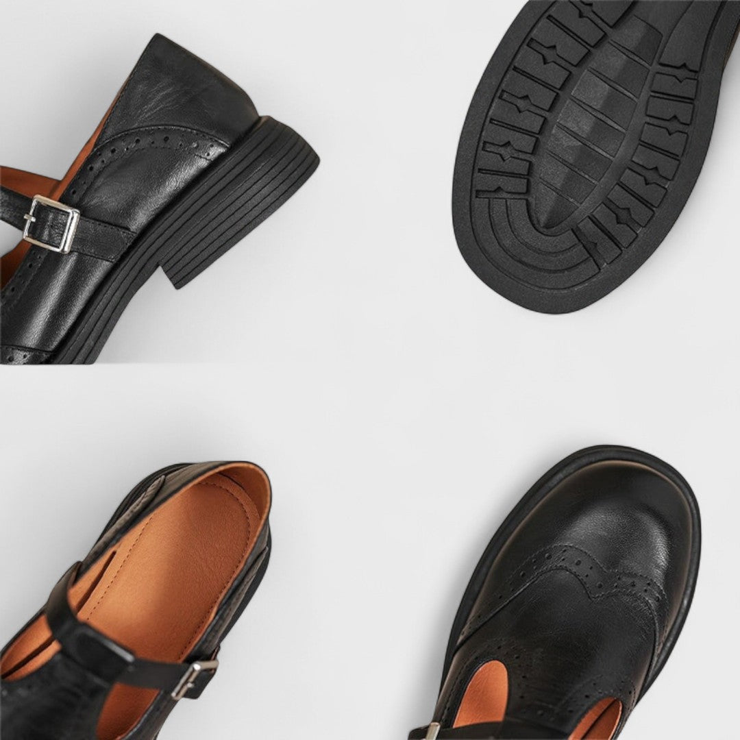 Brown Women's Mary Jane slip-on flats. Comfortable elegant design, perfect for versatile classic style.