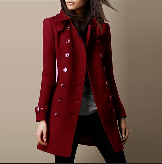 Elegant burgundy women's tailored long coat, double-breasted with structured collar, perfect for winter fashion outerwear.