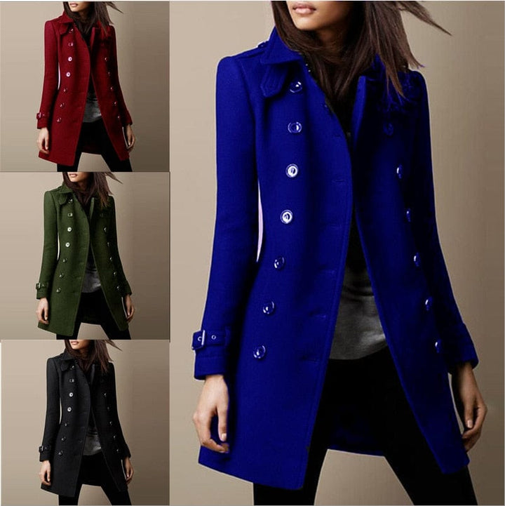 Classic black women's double-breasted trench coat, tailored and long, ideal for professional office wear.