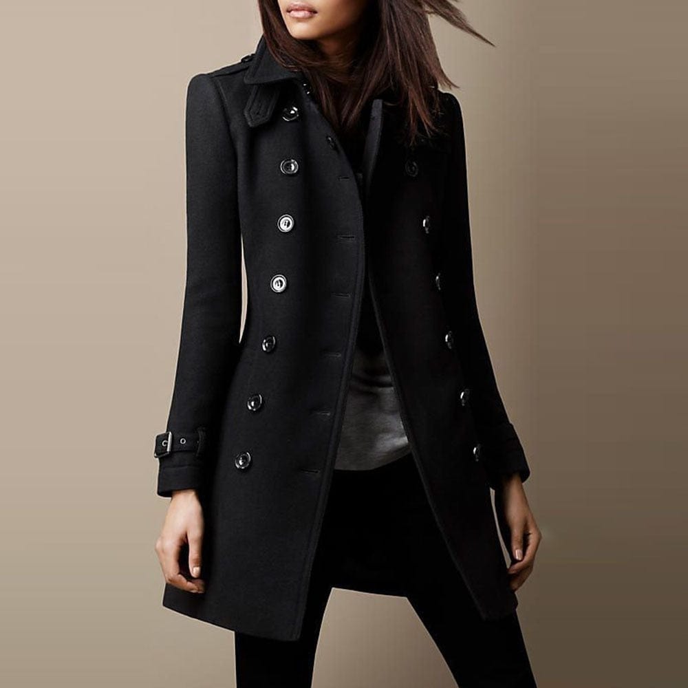 Olive green women's double-breasted tailored long coat with structured collar, a classic winter fashion piece.