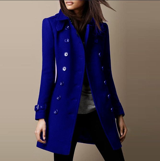Stylish women's tailored double-breasted long coat with structured collar, elegant outerwear for winter.