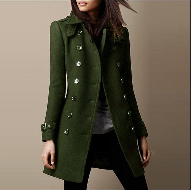 Tailored black women's long coat, double-breasted with structured collar, ideal for professional office wear.