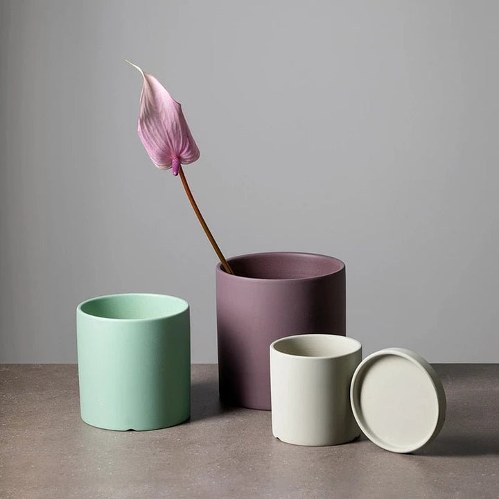 Indoor plant ceramic flowerpot, elegant design with drainage and functional saucer.