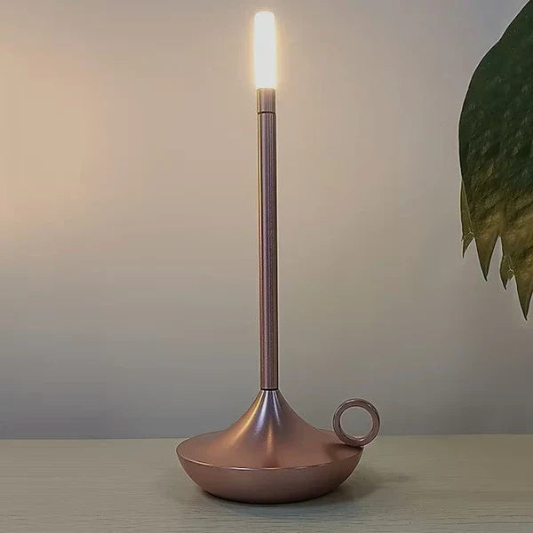 Ambient LED bedside lamp, elegant cordless design enhances modern bedroom lighting.