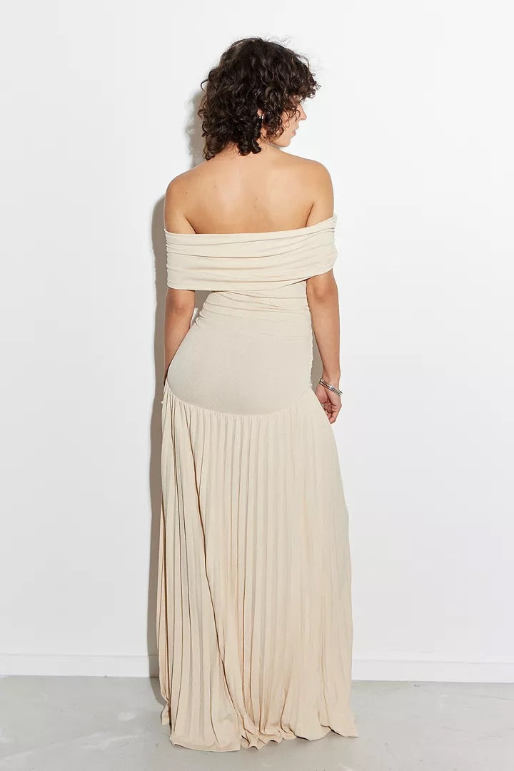 Sky blue off-shoulder pleated maxi dress, a vibrant choice for parties.