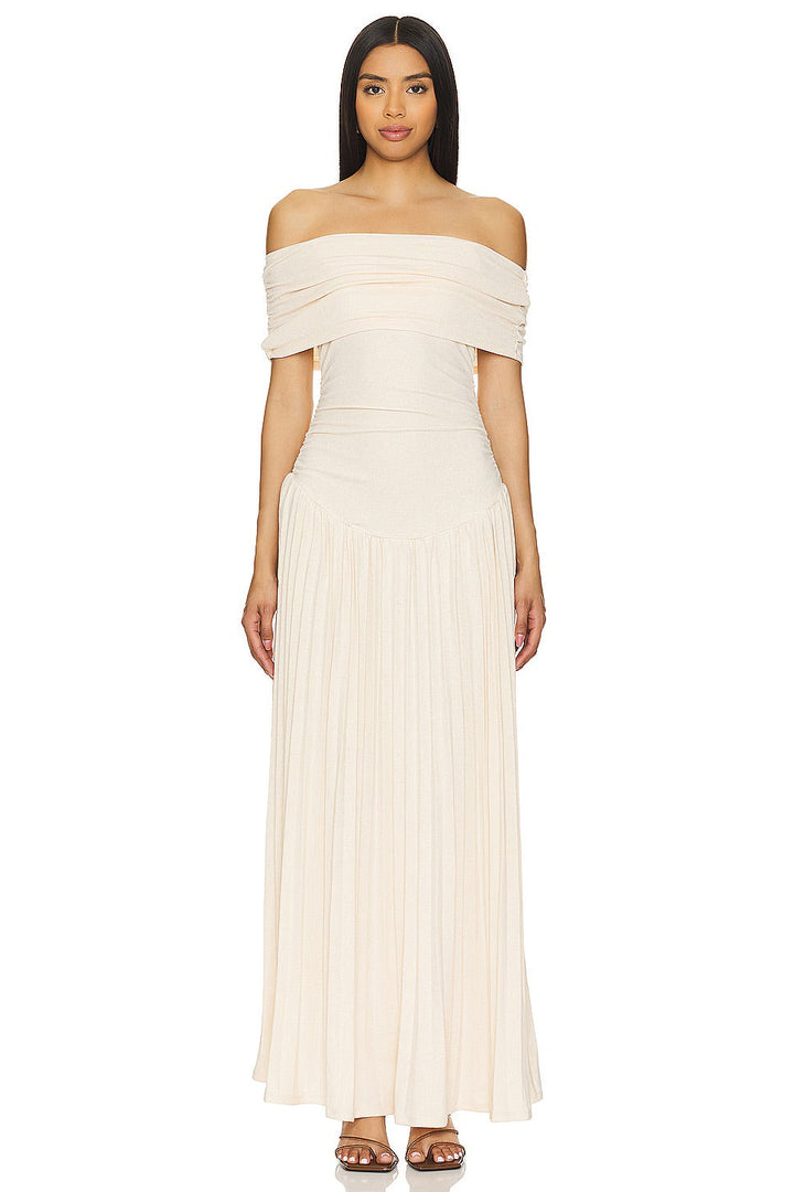 Women's cream off-shoulder pleated maxi dress, perfect for formal dinners.