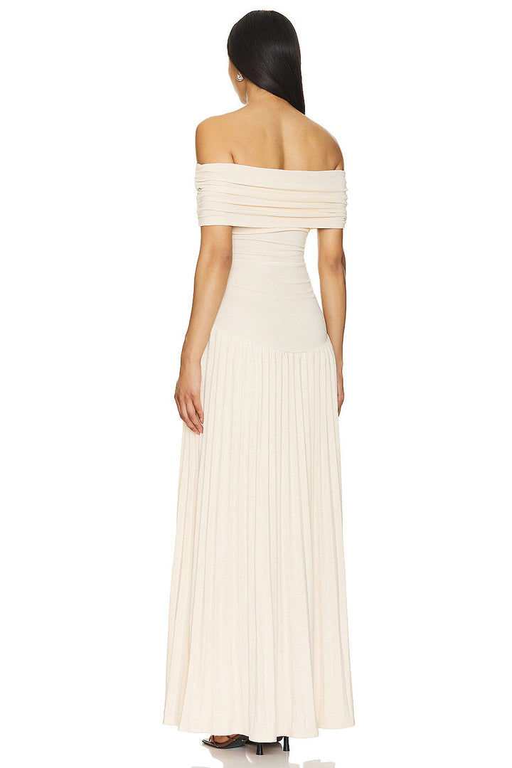 Navy off-shoulder pleated maxi dress, an exquisite choice for evening events.