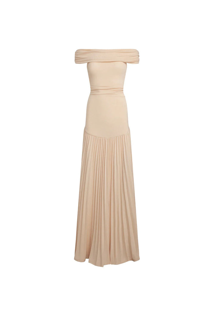 Elegant cream off-shoulder pleated maxi formal gown for special occasions.