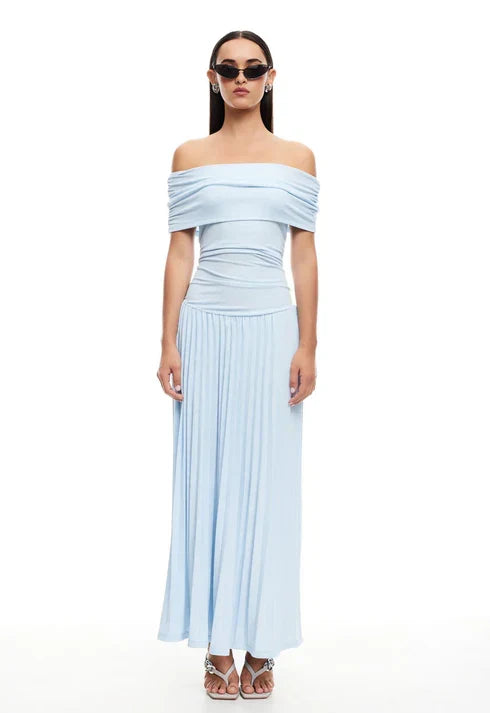 Sky blue off-shoulder pleated maxi gown, perfect for formal occasions.