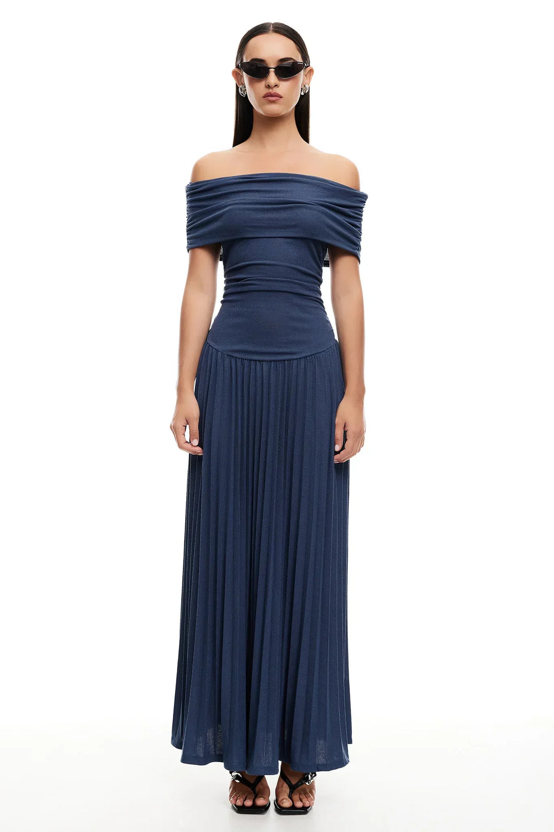 Navy off-shoulder pleated maxi dress, a beautiful blend of style and grace.