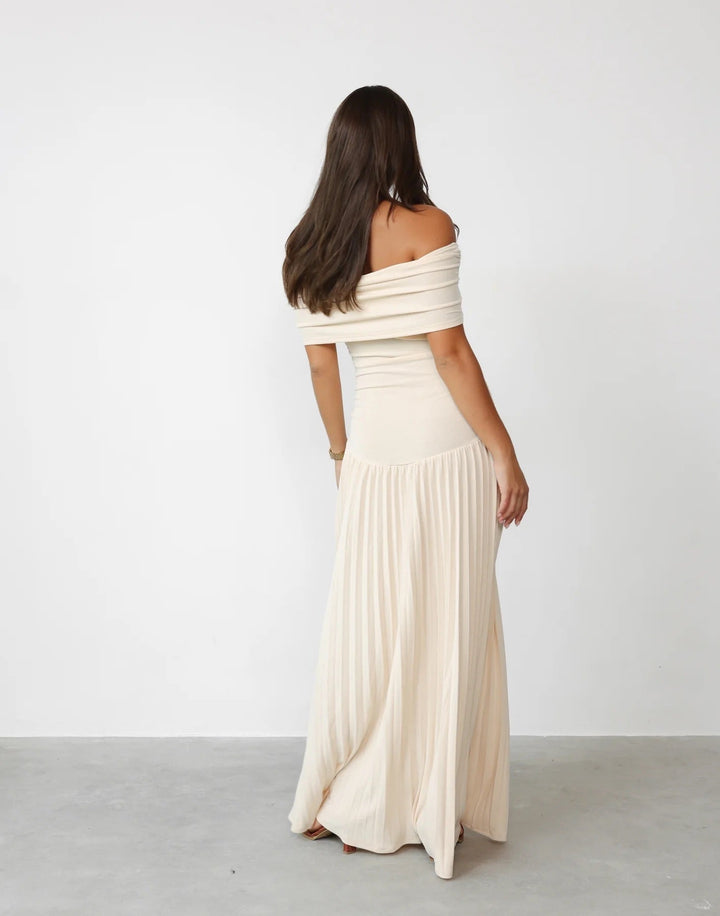 Sky blue off-shoulder maxi dress with a flattering drop waist, pleated.