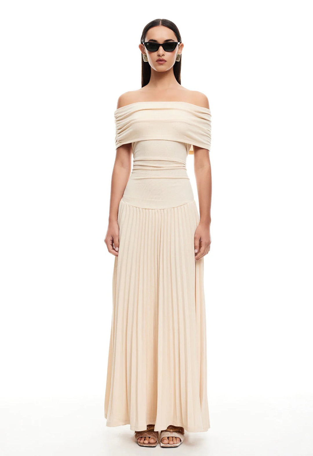 Navy formal off-shoulder pleated maxi dress for wedding guests.