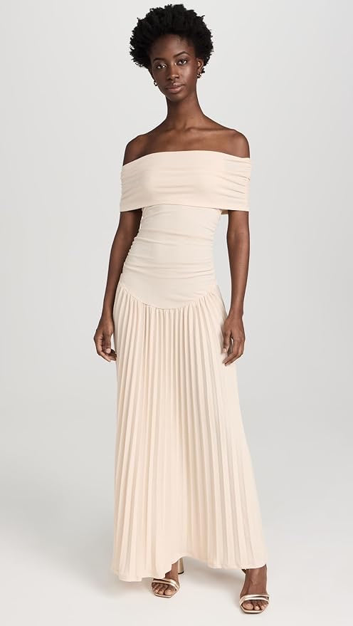 Navy off-shoulder pleated maxi gown, a graceful special occasion dress.