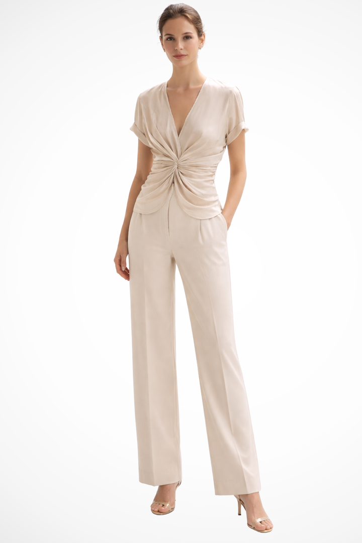 Elegant cream ruched V-neck blouse for women, featuring a stylish twist front detail. Perfect for office or casual chic.