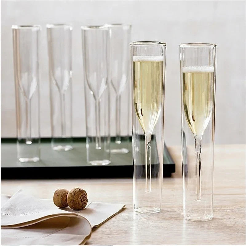 Clear double wall insulated champagne glass, ideal for keeping drinks cold. Stylish bubbly or cocktail drinkware.