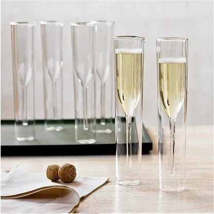 Clear double wall insulated champagne glass, ideal for keeping drinks cold. Stylish bubbly or cocktail drinkware.