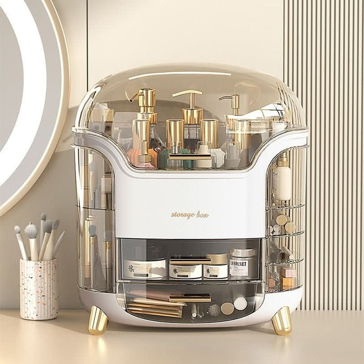 Elegant dustproof makeup organizer & cosmetic storage case for vanity.