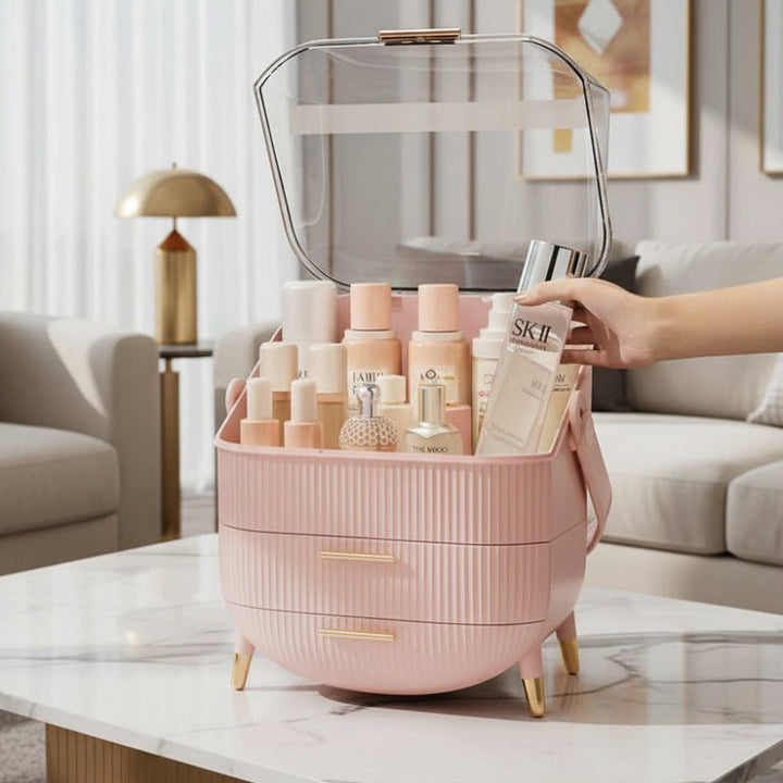 Detailed view of compartments in a dustproof makeup organizer for efficient storage.