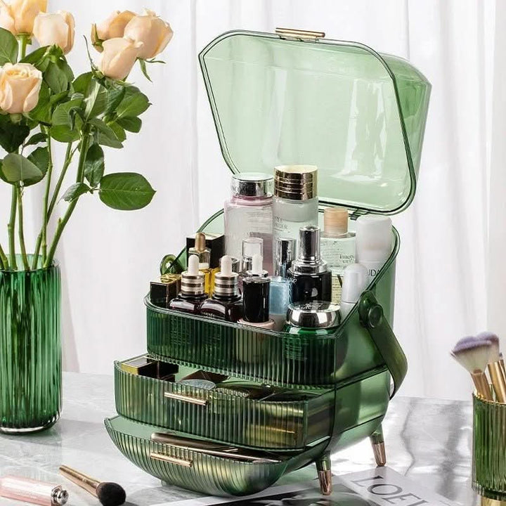 Dustproof makeup organizer filled with cosmetics, showcasing its storage capacity.