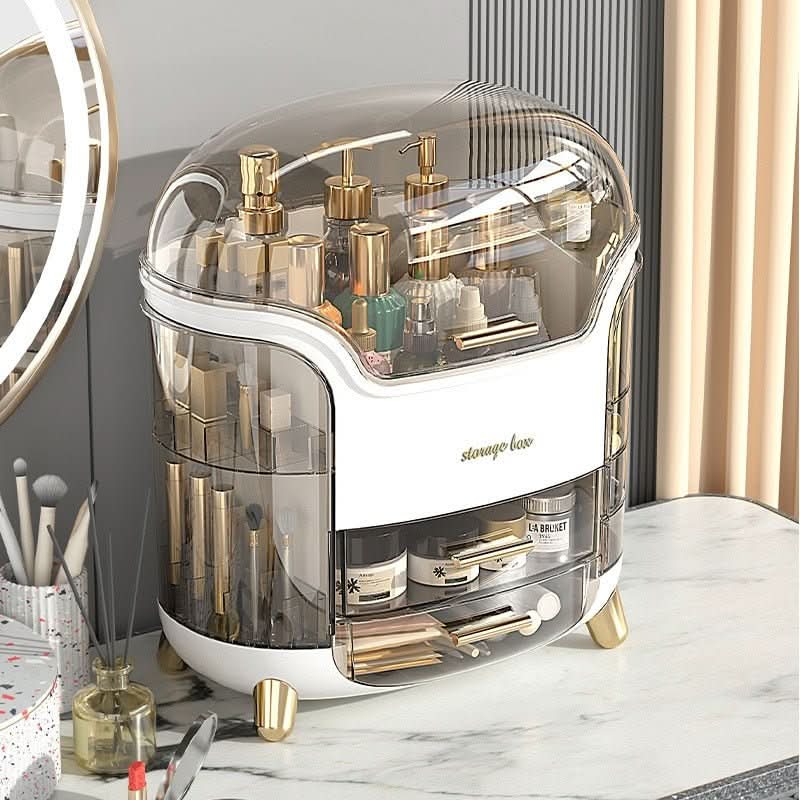 Clear dustproof beauty storage keeps cosmetics clean, organized, & protected.