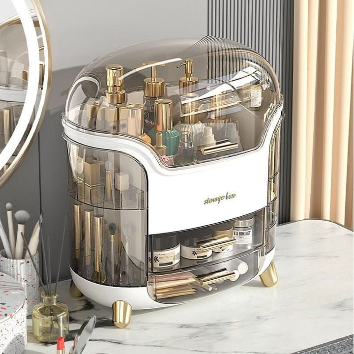 Clear dustproof beauty storage keeps cosmetics clean, organized, & protected.