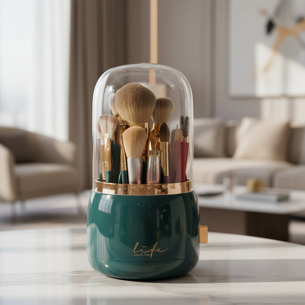 Dustproof makeup organizer with clear drawers for organized cosmetic storage.