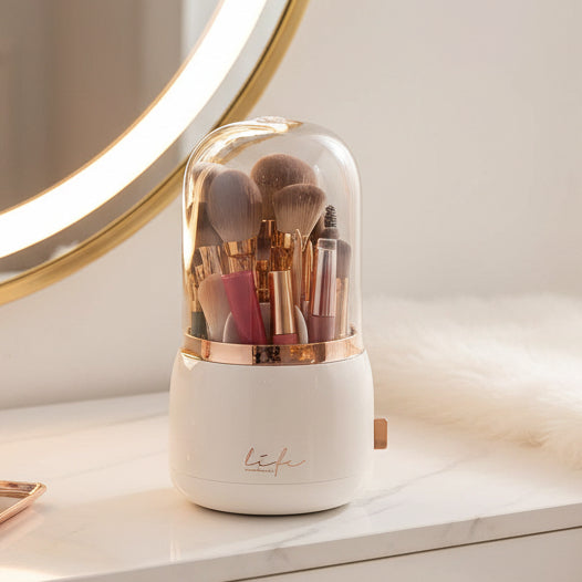 Modern dustproof vanity organizer, ideal for cosmetic storage & beauty items.