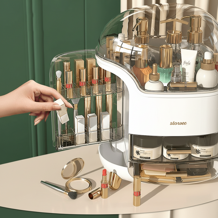 Multi-compartment makeup holder, a practical dustproof beauty storage solution.
