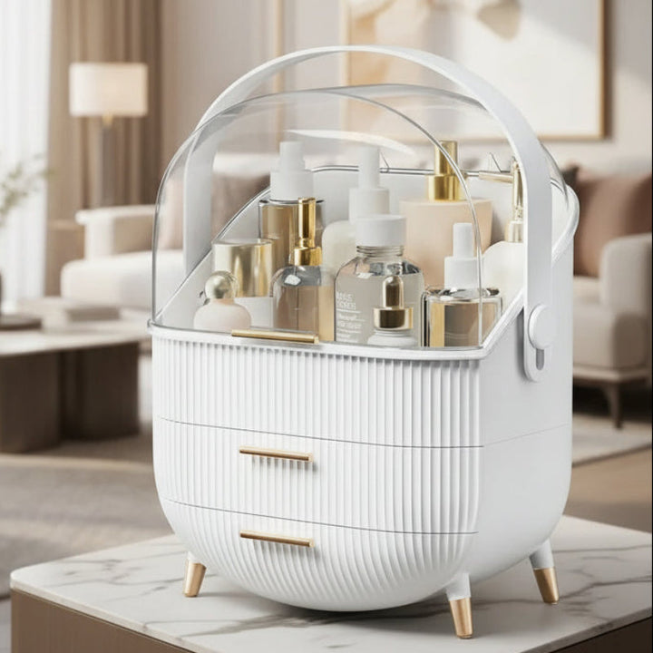 Desktop dustproof makeup holder for brushes & cosmetics, a neat storage solution.