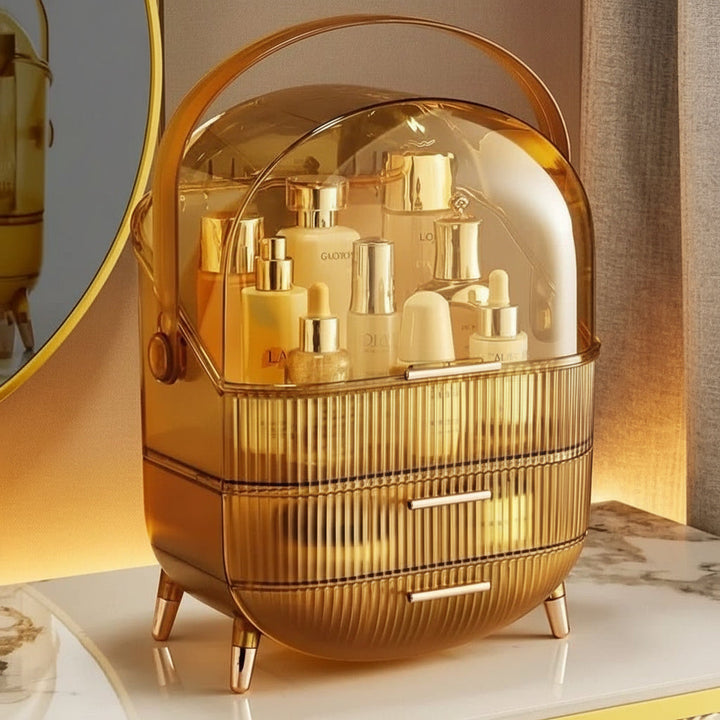 Brush holder integrated into an elegant dustproof makeup organizer, tidy beauty storage.