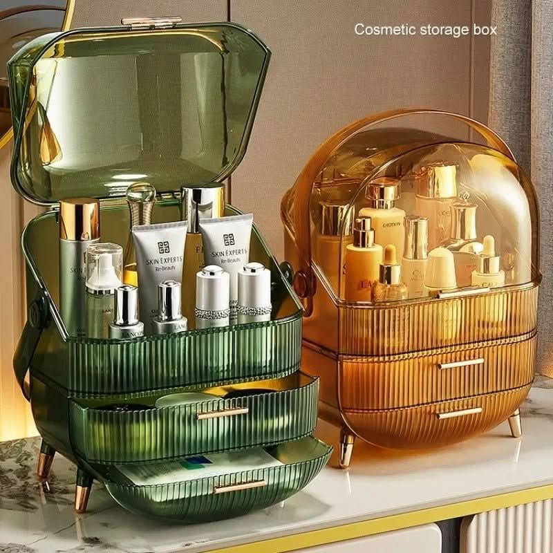 Transparent acrylic makeup organizer, a dustproof vanity & beauty storage solution.
