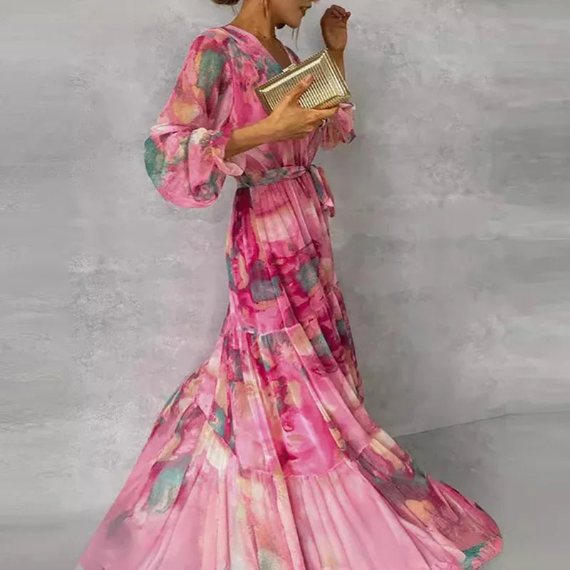 Feminine floral print maxi dress, elegant and classic style for women's summer fashion and occasion wear.