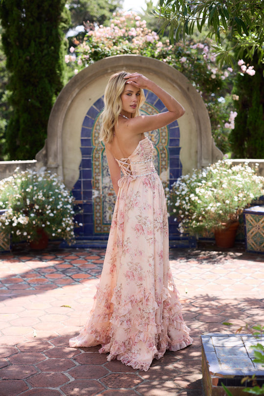Sophisticated V-neck floral print maxi dress with charming ruffles for women's formal party wear.