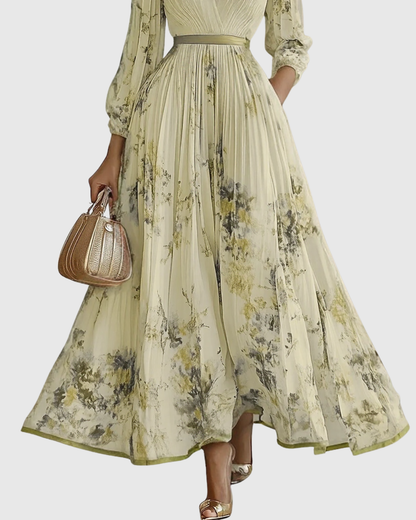 Chic women's V-neck floral pleated maxi dress, modern feminine fashion for any special occasion.