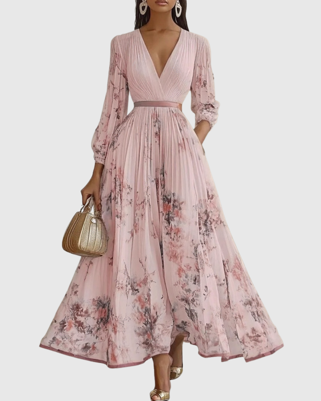 Eye-catching floral pleated maxi party dress for women, elegant, stylish, and perfect for evenings.