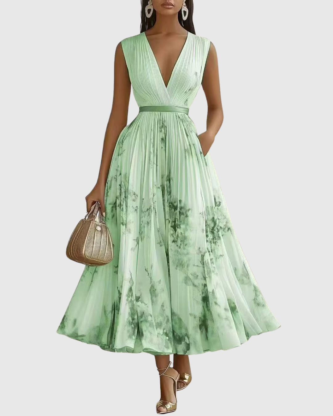Full-length elegant floral pleated maxi dress for women, perfect for formal summer events.