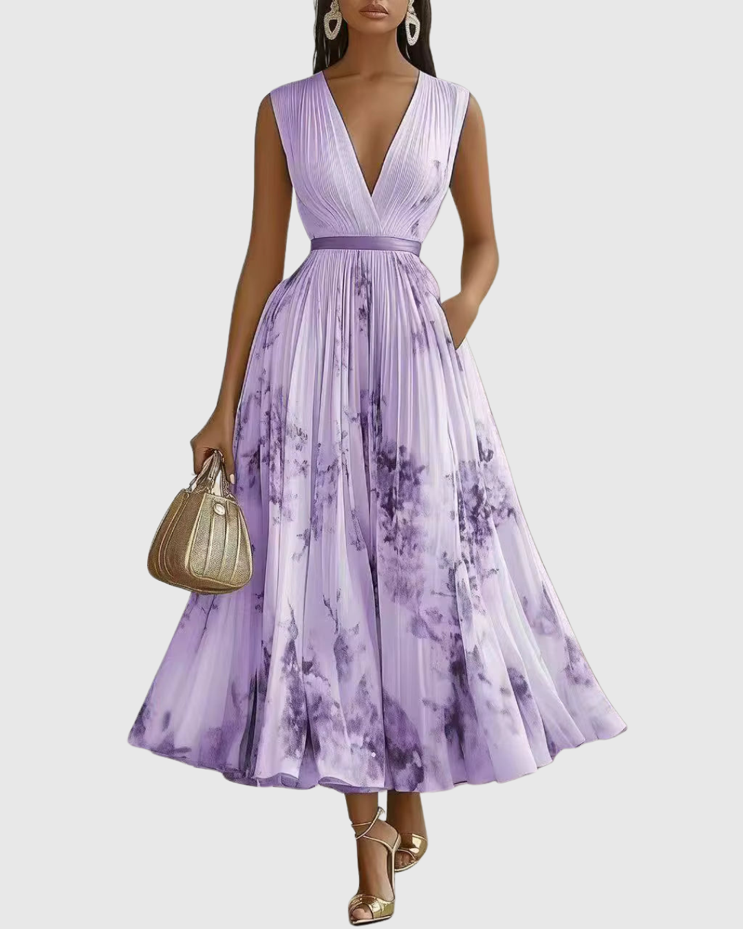 Sophisticated women's floral pleated maxi dress with long sleeves & V-neck, special occasion wear.