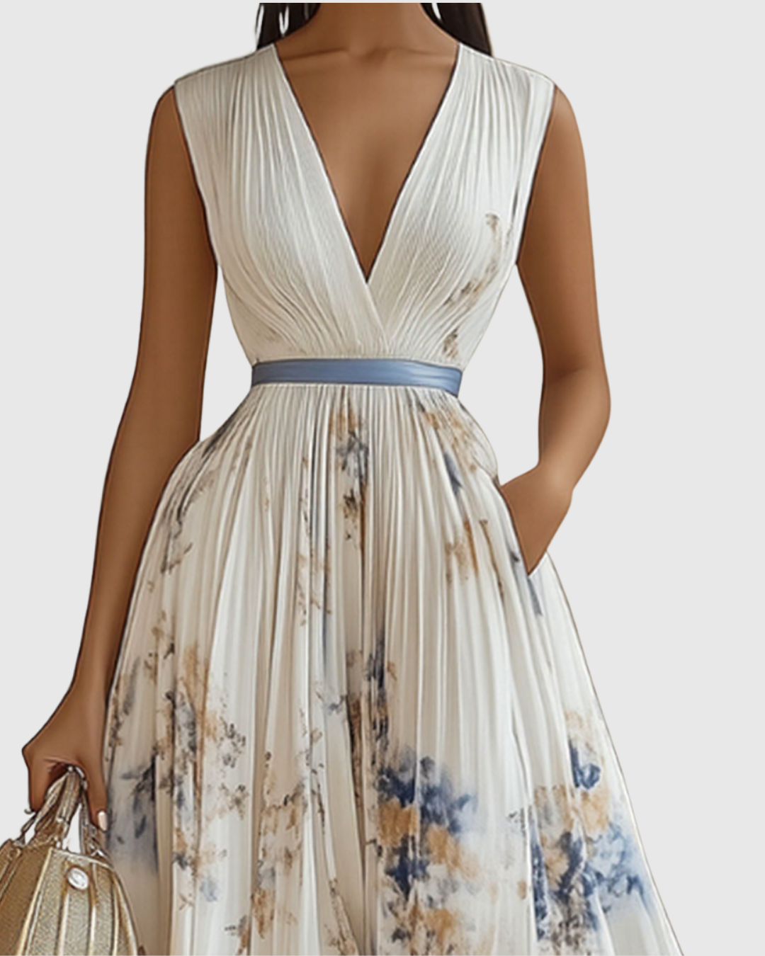 Women's V-neck long sleeve floral pleated maxi dress, ideal for evening parties & summer galas.