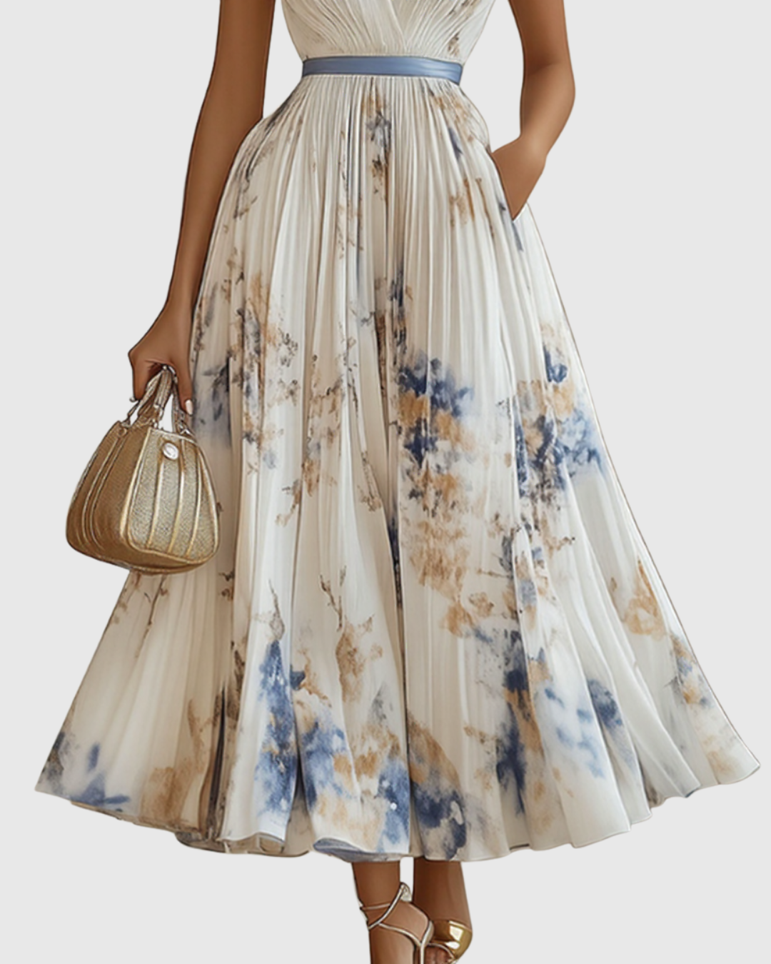 Feminine floral pleated maxi dress, a chic choice for formal summer events and special occasions.