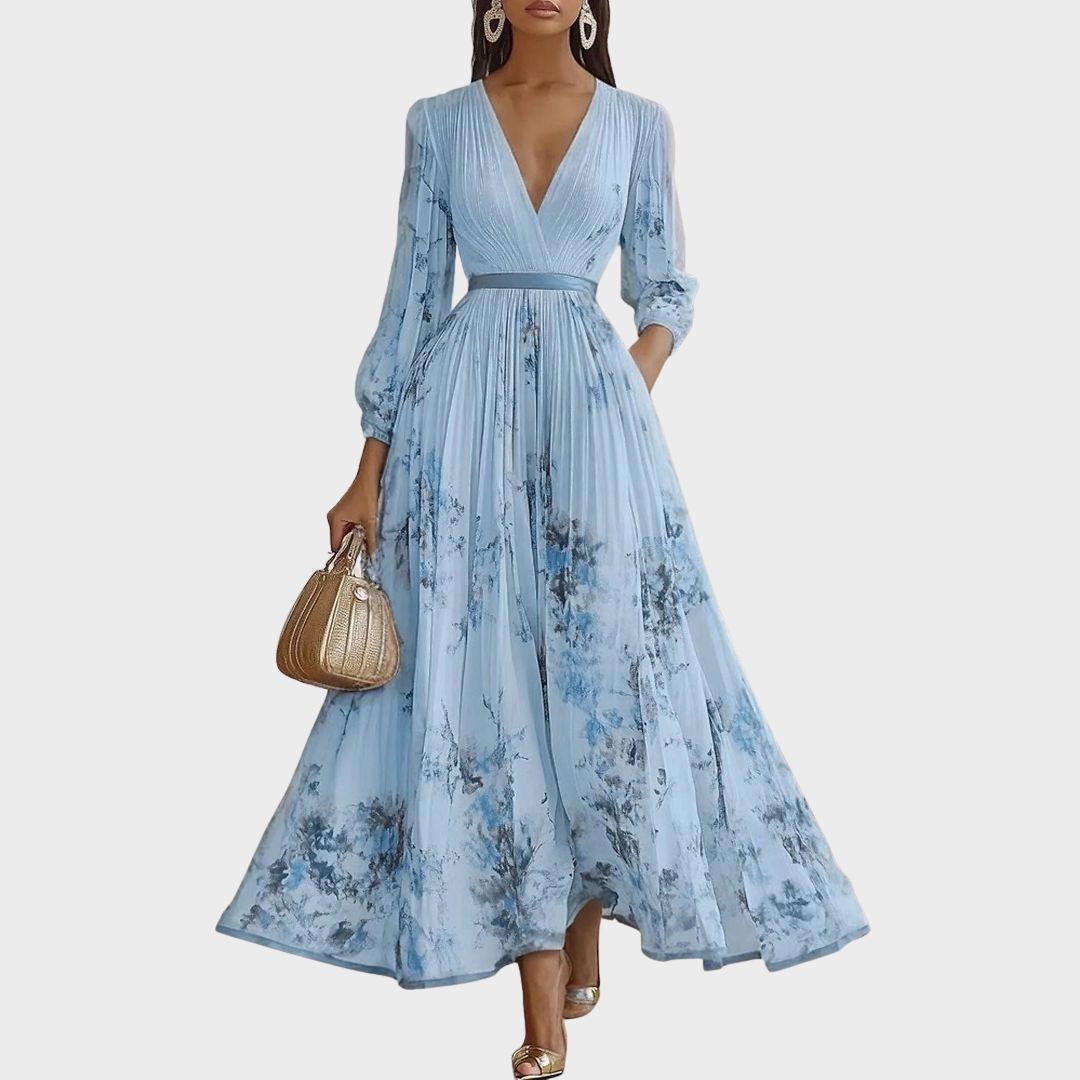 Flowy elegant floral pleated maxi dress for women, perfect for wedding guests & evening wear.
